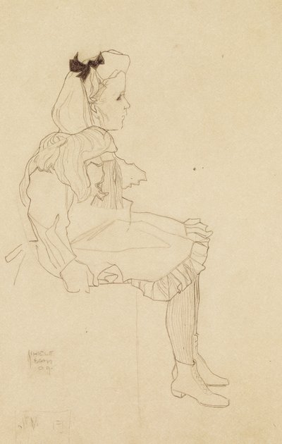 Sitzendes Mädchen mit Schleife im Haar, 1909 von Egon Schiele