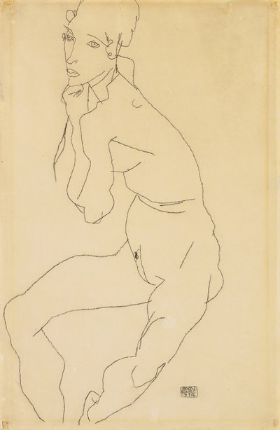Sitzender weiblicher Akt mit Hand am Kinn von Egon Schiele