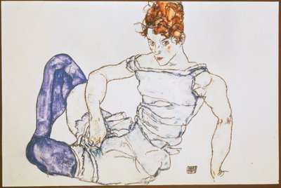 Sitzende Frau in lila Strümpfen von Egon Schiele