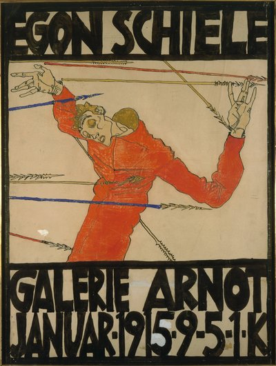 Selbstporträt als Heiliger Sebastian, Plakatentwurf für eine Ausstellung in der Galerie Arnot, 1914 (Gouache, schwarzer Kreide und Tinte auf Karton) von Egon Schiele