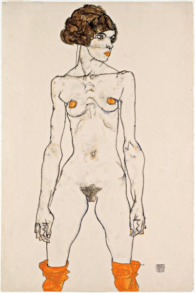 Stehende junge weibliche Akt mit orangefarbenen Strümpfen von Egon Schiele