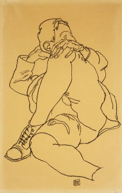 Liegender junger Mann mit aufgestütztem Kopf und übergeschlagenem Bein, 1918 von Egon Schiele