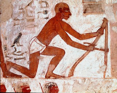Ägyptische Kunst: Grab von Rekhmire. Pflüger bei der Arbeit mit seinem landwirtschaftlichen Werkzeug. Fresko von Luxor (Stätte von Theben, Nekropole von Scheich Abd al-Gournah (Gournah), linkes Nilufer, Ägypten. - Altes Ägypten: Grab von Rekhmire. Die Arbe von Egyptian 18th Dynasty