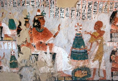 Ägyptische Antike: Darstellung von Roy und seiner Frau Nebtawy vor einem Hohepriester. Gemälde aus dem Grab von Roy (TT255). 18. Dynastie. Vom Westufer von Luxor, Ägypten von Egyptian 18th Dynasty