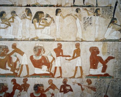 Totenmahl mit Musikerinnen, Damen, die sich mit Schmuck schmücken, Männer und Musiker von Egyptian 18th Dynasty