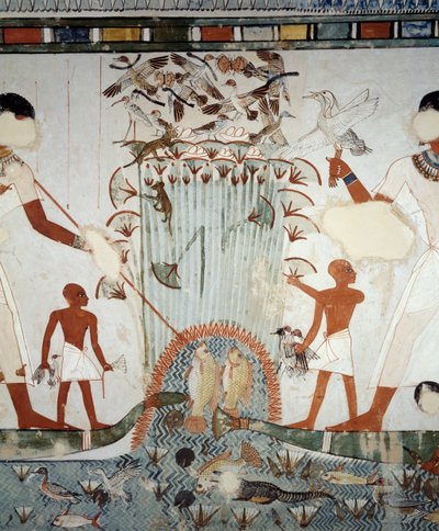 Menna und seine Familie beim Fischen und Vögeln in den Sümpfen des Nils, Detail aus den Fresken in der Kapelle des Grabes von Menna, Sheikh Abd el Qurnah Nekropole, Luxor, Theben (Unesco-Weltkulturerbe) von Egyptian 18th Dynasty
