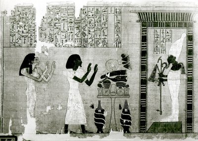Der Verstorbene begleitet von seiner Schwester, um Osiris zu huldigen, Detail aus dem Totenbuch, Neues Reich von Egyptian 18th Dynasty