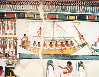 Das Sonnenschiff, Detail der Pilgerfahrt nach Abydos, Fresko, Nordwand, langer Speisesaal, Thebanisches Grab TT69, Sheikh Abd el-Qurna, Theben (Unesco-Welterbeliste) von Egyptian 18th Dynasty