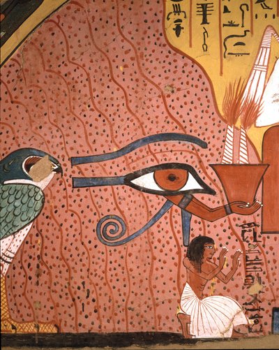 Ägyptische Antiquität: Der Handwerker Pached kniet in Anbetung neben ihm, das Auge des Horus Oudjat. Fresko aus dem Grab von Pachedou, Deir el Medinet, Ägypten von Egyptian 19th Dynasty