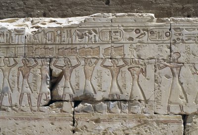 Relief, Tempel von Ramses II, Abydos, Ägypten, ägyptische Zivilisation, Neues Reich, Dynastie XIX (Foto) von Egyptian 19th Dynasty