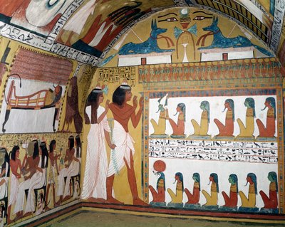 Sennedjem und seine Frau vor einem Naos mit zwölf Gottheiten, aus der Westwand des Grabes von Sennedjem, Das Arbeiterdorf, Neues Reich von Egyptian 19th Dynasty