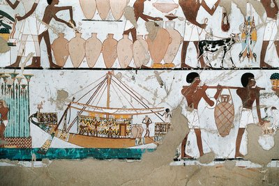 Wandmalerei, die eine Weinszene auf einem Boot darstellt, aus dem Neuen Reich von Egyptian 20th Dynasty