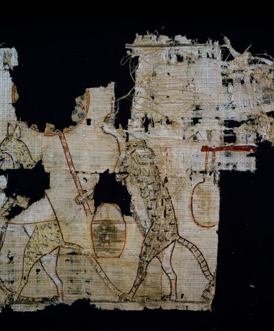 Papyrus, der eine satirische Szene darstellt, ca. 1100 v. Chr., aus der Regierungszeit von Ramses IX., Detail, Ägyptische Zivilisation, Neues Reich, Dynastie XX von Egyptian 20th Dynasty