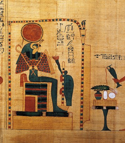 Mythologischer Papyrus von Imenemsauf, Hauptträger von Amon. Detail: Gott Ra-Harakhti von Egyptian 22nd Dynasty