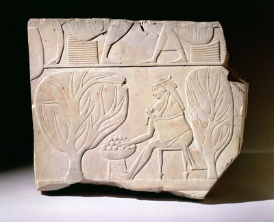 Relief einer Frau mit Kind, das nach einer Sykomorenfeige greift, aus dem Grab von Montuemhat, West-Theben, Spätzeit von Egyptian 25th Dynasty