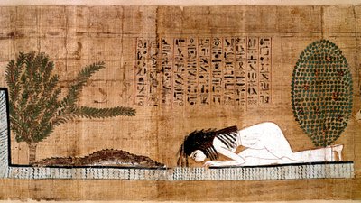 Ägyptische Antiquität: ein Verstorbener, der das Krokodil anbetet, Symbol der Fruchtbarkeit. Papyrus aus einem Totenbuch. Kairo, Ägyptisches Museum von Egyptian Egyptian