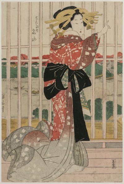 Die Kurtisane Meizan vom Chojiya auf einem Balkon mit Blick auf den Sumida-Fluss, ca. frühe oder mittlere 1820er Jahre von Kikugawa Eizan