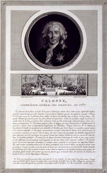Calonne, Generaldirektor der Finanzen, 1787, Porträt graviert von Charles Levachez (fl.1760-1820), mit einer Szene der Versammlung der Notablen von Jean Duplessis-Bertaux (1747-1819), um 1803 von Elisabeth Louise (after) Vigee Lebrun