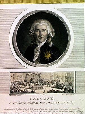 Charles Alexandre de Calonne (1734-1802) Generalcontroller der Finanzen von Louis XVI (1754-93), graviert von Charles Levachez (fl.1760-1820) und Die Versammlung der Notablen, von Jean Duplessi Bertau von Elisabeth Louise after Vigee Lebrun