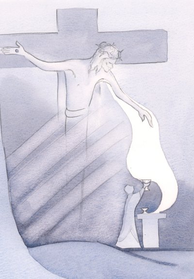 Bei jeder Messe wird das kostbare Blut Christi vom Kreuz für unsere Erlösung von der Sünde ausgegossen von Elizabeth Wang