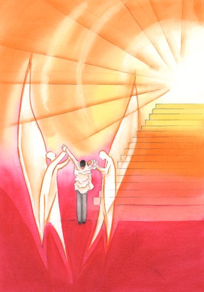 Am Ende seines Lebens wird ein treuer Priester von den Engeln unterstützt, ein strahlendes Gewand anzuziehen, damit er die Treppe zum Thron des Vaters hinaufsteigen kann, 2002 von Elizabeth Wang