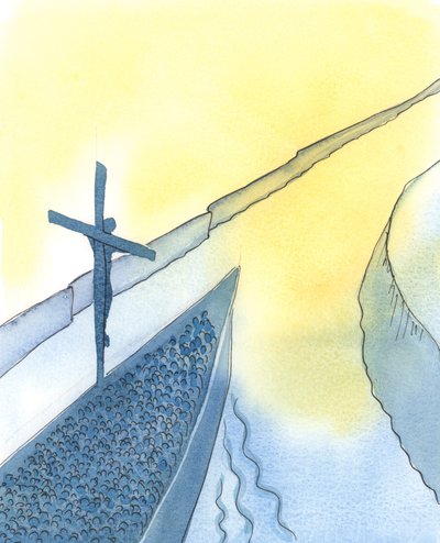 Durch die Macht des Opfers Christi, während der heiligen Messe, durchdringt Christus den Himmel und bringt uns alle näher zum Vater - so wie ein großes Schiff in eine Mündung einfährt, um ihre wertvolle Fracht nach Hause zu bringen von Elizabeth Wang