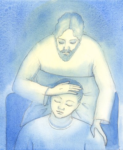 Christus sieht unseren Schmerz und unsere Erschöpfung und kommt zu uns in der Heiligen Kommunion, um Trost und Zusicherung zu bieten, wie eine Mutter, die das Haar eines Kindes streichelt von Elizabeth Wang