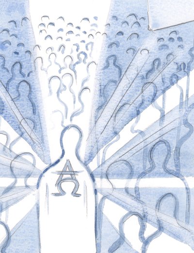 In der Seele, die die Heilige Dreifaltigkeit anbetet, ist Gott der Erste und Letzte, Alpha und Omega, dort durch das Einverständnis der Seele mit Gottes Willen thronend von Elizabeth Wang