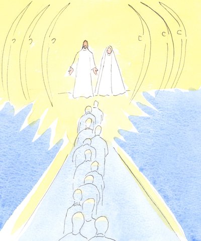 Jesus, der Gekreuzigte, wartet am Tor des Himmels mit seiner Mutter Maria und den heiligen Engeln von Elizabeth Wang