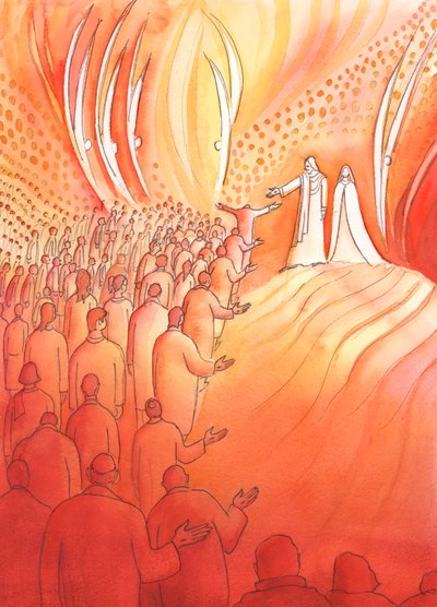 Der gekreuzigte Jesus wartet am Tor des Himmels mit Seiner Mutter Maria und den heiligen Engeln, 2000 von Elizabeth Wang