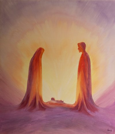 Maria und Josef blicken mit Glauben auf das Jesuskind bei seiner Geburt von Elizabeth Wang