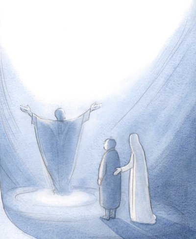 Unsere gesegnete Frau führt jeden von uns vorwärts und ermutigt uns, mit Christus zu Gott, unserem Vater, zu beten. von Elizabeth Wang