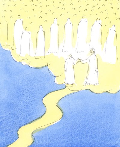 Die gesegnete Seele, die bis zum Ende in der Liebe zu Christus und ihrem Nächsten ausgeharrt hat, wird von Christus an der Hand geführt, um die himmlischen Freunde zu treffen, die versammelt sind, um sie in ihrer Gemeinschaft willkommen zu heißen von Elizabeth Wang