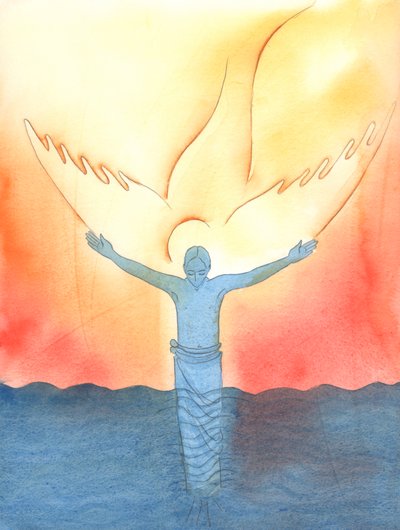 Als Christus im Fluss Jordan getauft wurde, erschien der Heilige Geist als Taube, während der Vater liebevoll vom Himmel sprach, 2003 von Elizabeth Wang