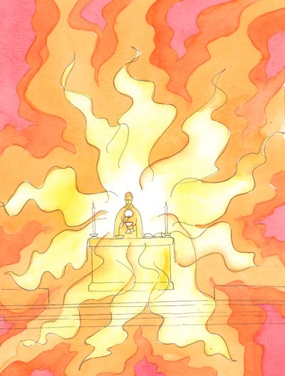 Wenn das Brot und der Wein in den Heiligen Leib und das Blut Christi verwandelt wurden, ist er, das Lamm Gottes, unser Erlöser, substantiell gegenwärtig: der auferstandene Christus, im Feuer seiner göttlichen Herrlichkeit, 2003 von Elizabeth Wang