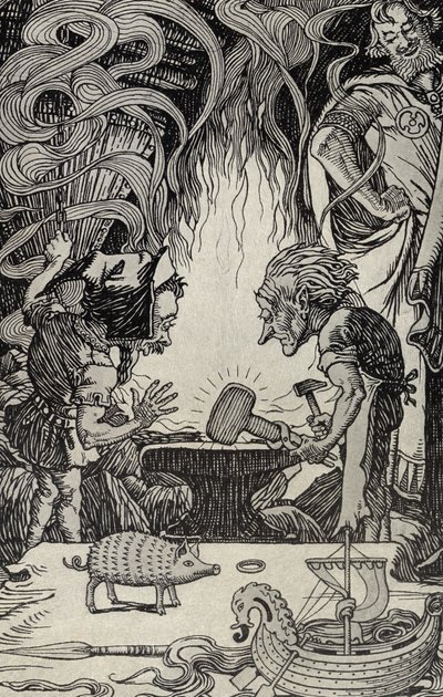 Das dritte Geschenk, ein riesiger Hammer, Illustration aus Myths from Many Lands, veröffentlicht 1912 von Elmer Boyd Smith