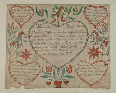 Pa. Deutsches Geburts- und Taufzertifikat, ca. 1940 von Elmer R. Kottcamp
