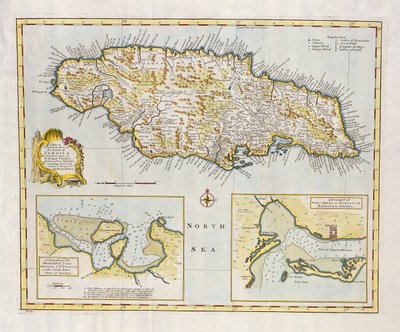 Karte der Insel Jamaika, unterteilt in ihre Hauptgemeinden, ca. 1760 von Emanuel Bowen