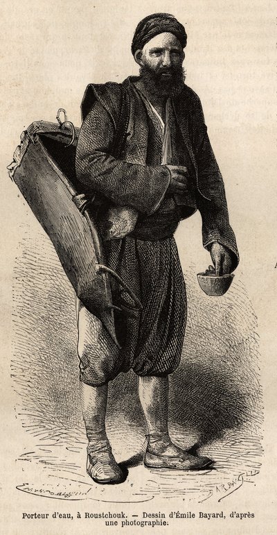 Ein Wasserträger, wandernder Händler, posiert mit seiner Ausrüstung, einer Art Tankbox und einem Behälter, der als Maß und Becher dient, in Roustchouk (Rumänien), Gravur nach einer Zeichnung von Emile Bayard, illustriert die Reise nach Bulgarien, von Guill von Emile Antoine Bayard