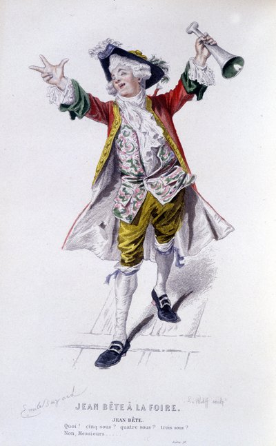 Gesamtwerk von Beaumarchais (1732-1799) von Edouard Fournier. Zeichnung von Emile Bayard. Ed. Laplace, Sanchez et Cie, Paris 1876. Dies ist Jean Beast in „Jean Beast auf der Messe“ von Emile Antoine Bayard