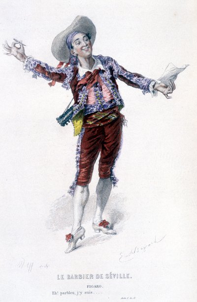 Gesamtwerk von Beaumarchais (1732-1799) von Edouard Fournier. Zeichnung von Emile Bayard. Ed. Laplace, Sanchez et Cie, Paris 1876. Dies ist Figaro in „Der Barbier von Sevilla“ von Emile Antoine Bayard