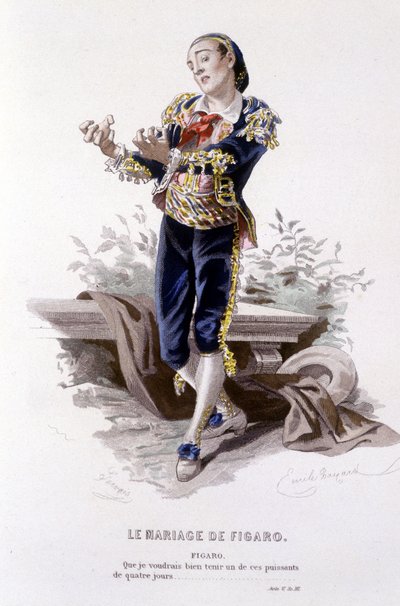 Gesamtwerk von Beaumarchais (1732-1799) von Edouard Fournier. Zeichnung von Emile Bayard. Ed. Laplace, Sanchez et Cie, Paris 1876. Dies ist Figaro in „Die Hochzeit des Figaro“ von Emile Antoine Bayard