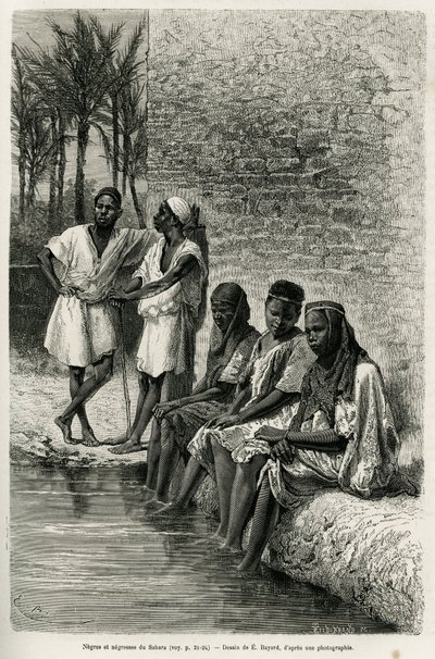 Neger und Negerinnen der Sahara, am Ufer des Oued Rihr. Gravur von E. Bayard, zur Illustration der algerischen Sahara, von V. Largeau, in den Jahren 1874-1878, veröffentlicht in Le Tour du Monde, unter der Leitung von Edouard Charton von Emile Antoine Bayard