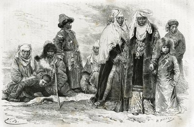 Arme und reiche Kirgisinnen. Gravur von Emile Bayard, zur Illustration von Reiseeindrücken von Orenburg nach Samarkand, von Marie de Ujfalvy-Bourdon, zwischen 1876 und 1878, in Le Tour du Monde, unter der Leitung von Edouard Charton von Emile Antoine Bayard