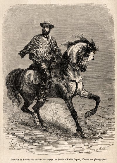 Porträt des Autors, auf seinem Reittier, in seiner Reisekleidung, Gravur nach einer Zeichnung von Emile Bayard zur Illustration der Geschichte über die Wüste von Acatama und Caracoles (Südamerika), von Ingenieur A. Bresson, 1870-1874, veröffentlicht in „Le von Emile Antoine Bayard