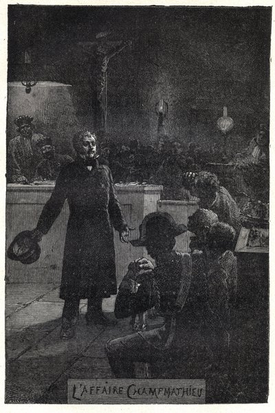 Der Fall Champmathieu: Monsieur Madeleine enthüllt seine wahre Identität im Prozess gegen einen armen Mann, Champmathieu, seinen Doppelgänger, um zu verhindern, dass er an seiner Stelle verurteilt wird - Illustration von Émile Bayard für „Die Elenden“ von Emile Antoine Bayard