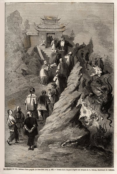 Der Weg des Himmels, Zeichnung von E. Bayard, basierend auf einem Gemälde aus einer Pagode in Tien Tsin, zur Illustration der Reise von Shanghai nach Moskau, von 1859 bis 1862, von M. de Bourboulon, Minister von Frankreich in China. Gravur in „Le tour du m von Emile Antoine Bayard
