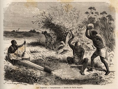 Die Schmiede im Ounyamouezi (Region der Großen Seen, Afrika), Zeichnung von Emile Bayard (1837-1891), Illustration der Entdeckungsreise in Afrika von 1860 bis 1863 von Captain Speke. Gravur in „Le tour du monde“, herausgegeben von Edouard Charton von Emile Antoine Bayard