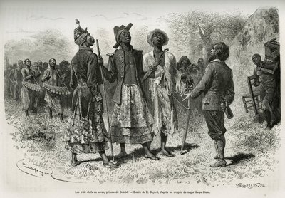 Die drei Anführer (oder Sovas), Prinzen von Dombe (Angola), und ihre Suite von Musikern und Höflingen, die dem Entdecker S. Pinto entgegenkommen. Gravur von Emile Bayard, zur Illustration der Geschichte, wie ich Afrika durchquert habe, vom Atlantischen Oze von Emile Antoine Bayard