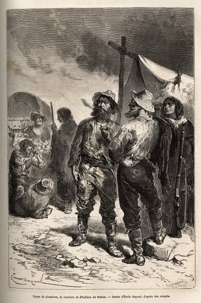 Typen von Pionieren, Viehtreibern und Indianern von Benton (Montana), Gravur nach der Zeichnung von Emile Bayard, zur Illustration der Reise von Washington nach San Francisco, 1868, von L. Simonin, veröffentlicht in „Le tour du monde“ 1874, herausgegeben v von Emile Antoine Bayard